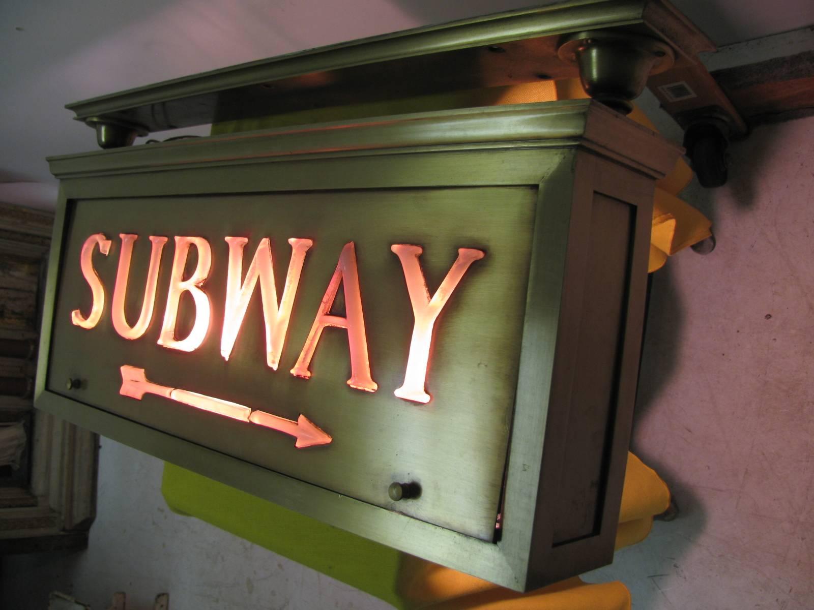 Early 20th Century Brass With Tiffany Glass NYC Electric Subway Sign, circa 1920