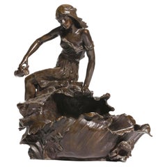 Antique Bronze Woman Near Basin Center Piece, Art Nouveau