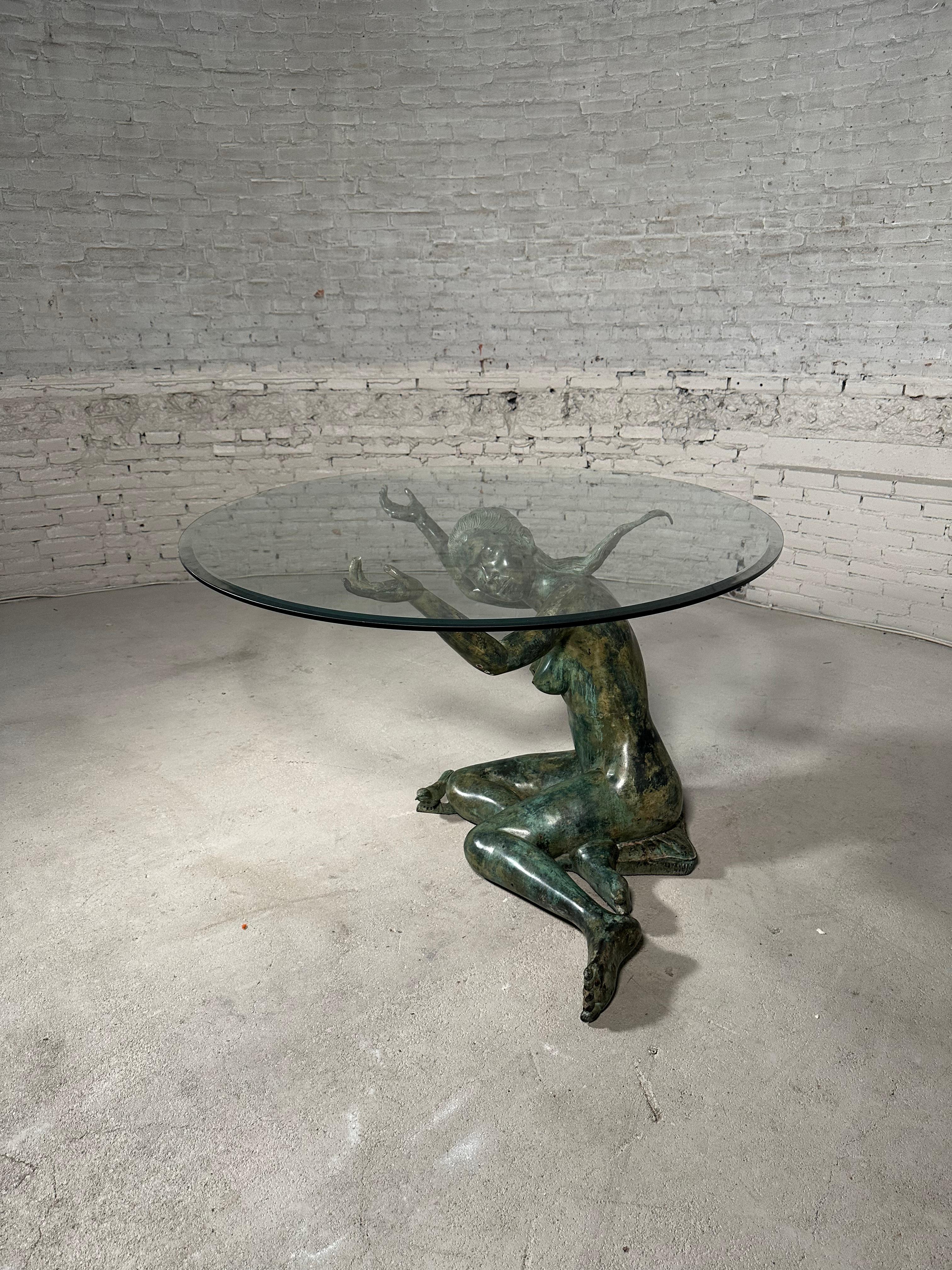 Bronze Woman Sculpture Glass Dining Table For Sale 4