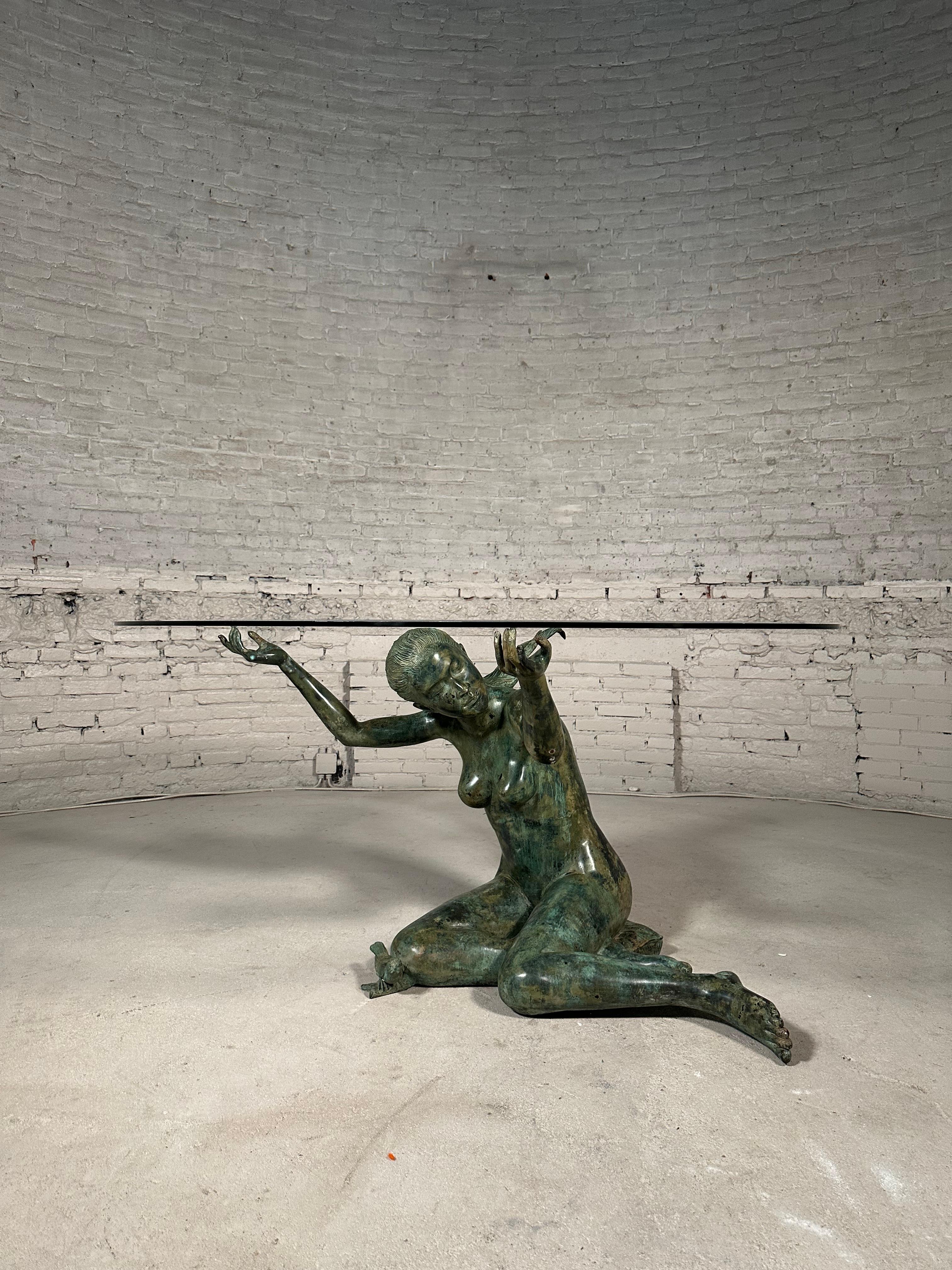 Escultura Mujer Bronce Mesa Comedor Cristal Art Decó en venta