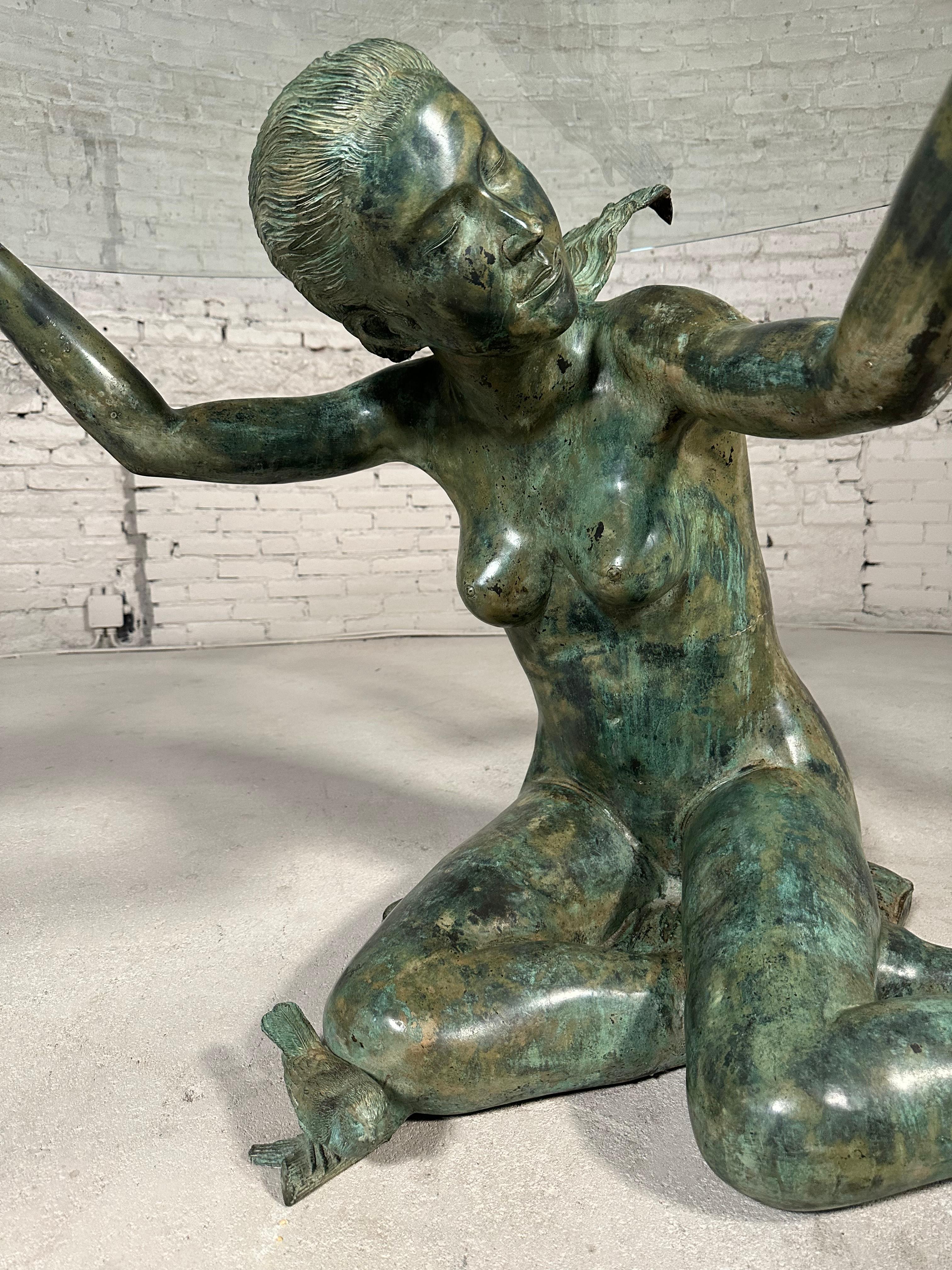 Bronze Woman Sculpture Glass Dining Table In Good Condition For Sale In BREDA, NL