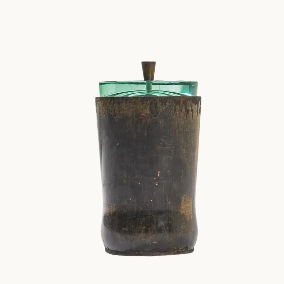 1950s, Italy. Patinated bronze jar with crystal lid and stained solid wood interior. Attributed to Fontana Arte. 