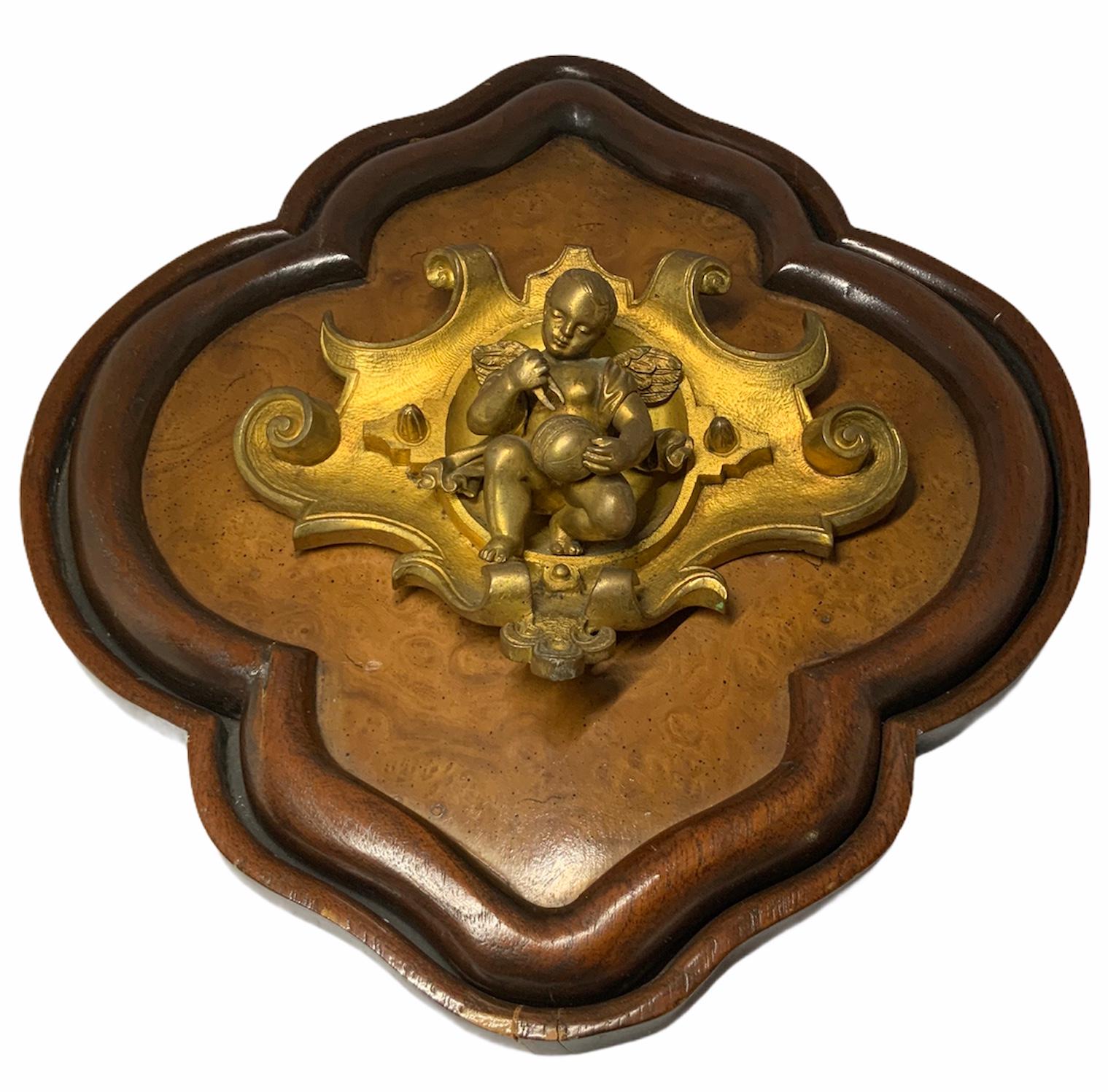 Hammered Bronze Wood Plaque of a Winged Cherub