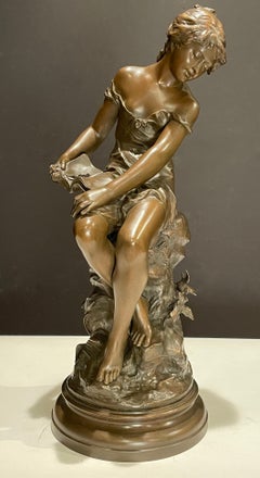 Bronze Young Girl with Book and Rose "Distraite" By August Moreau