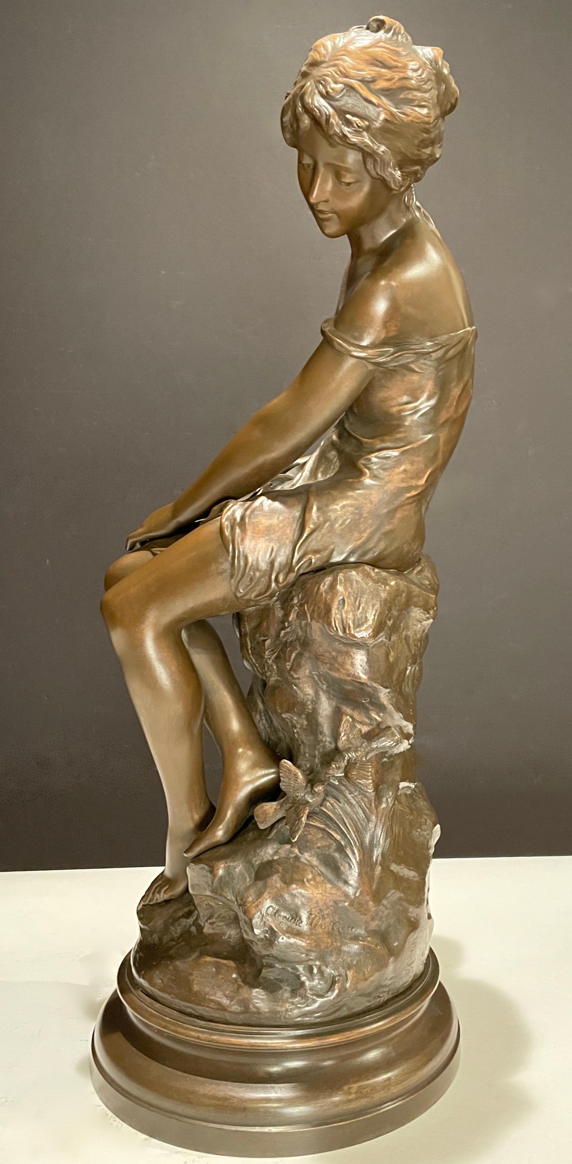 Belle Époque Bronze Young Girl with Book and Rose 