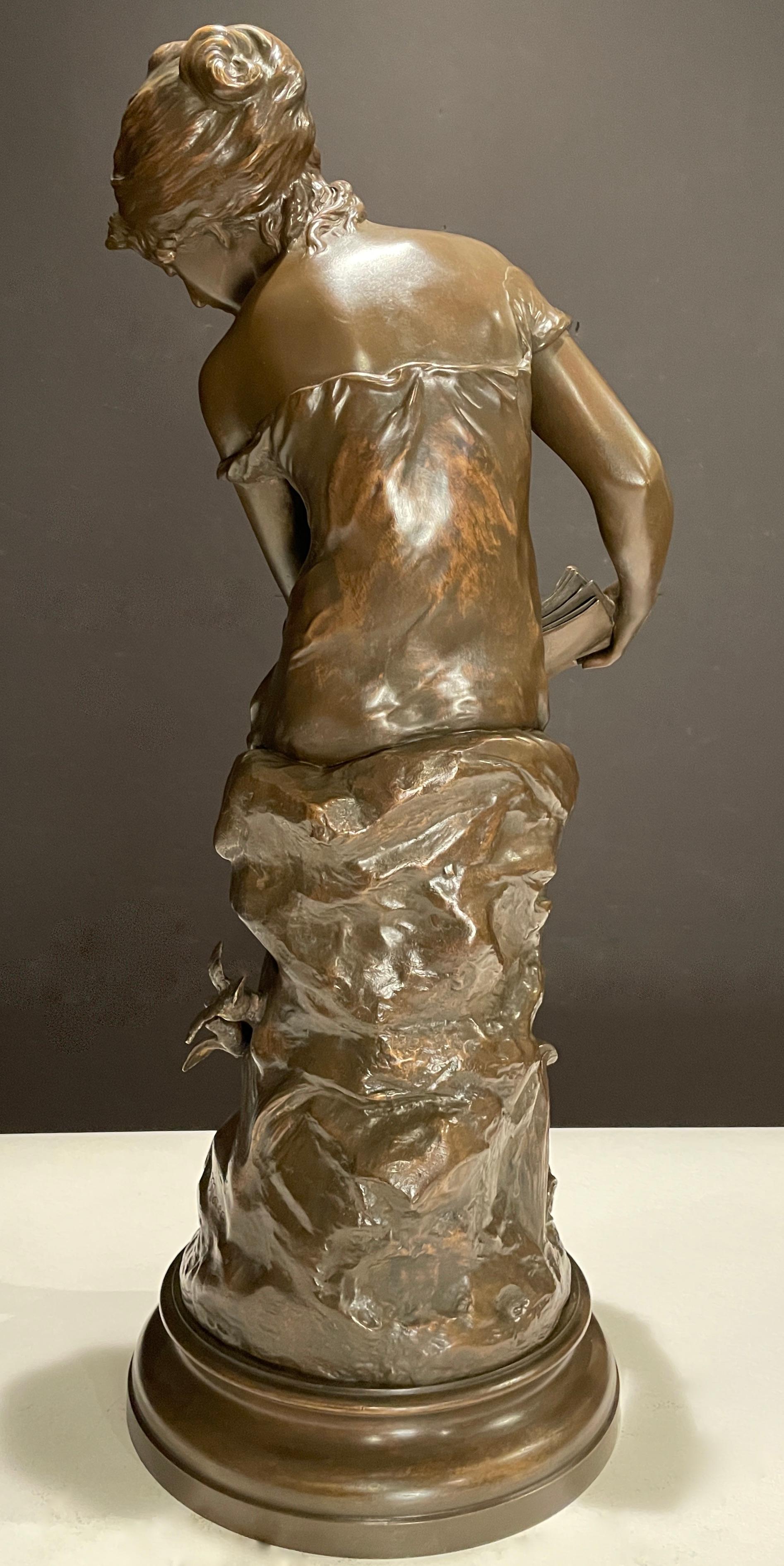 Cast Bronze Young Girl with Book and Rose 