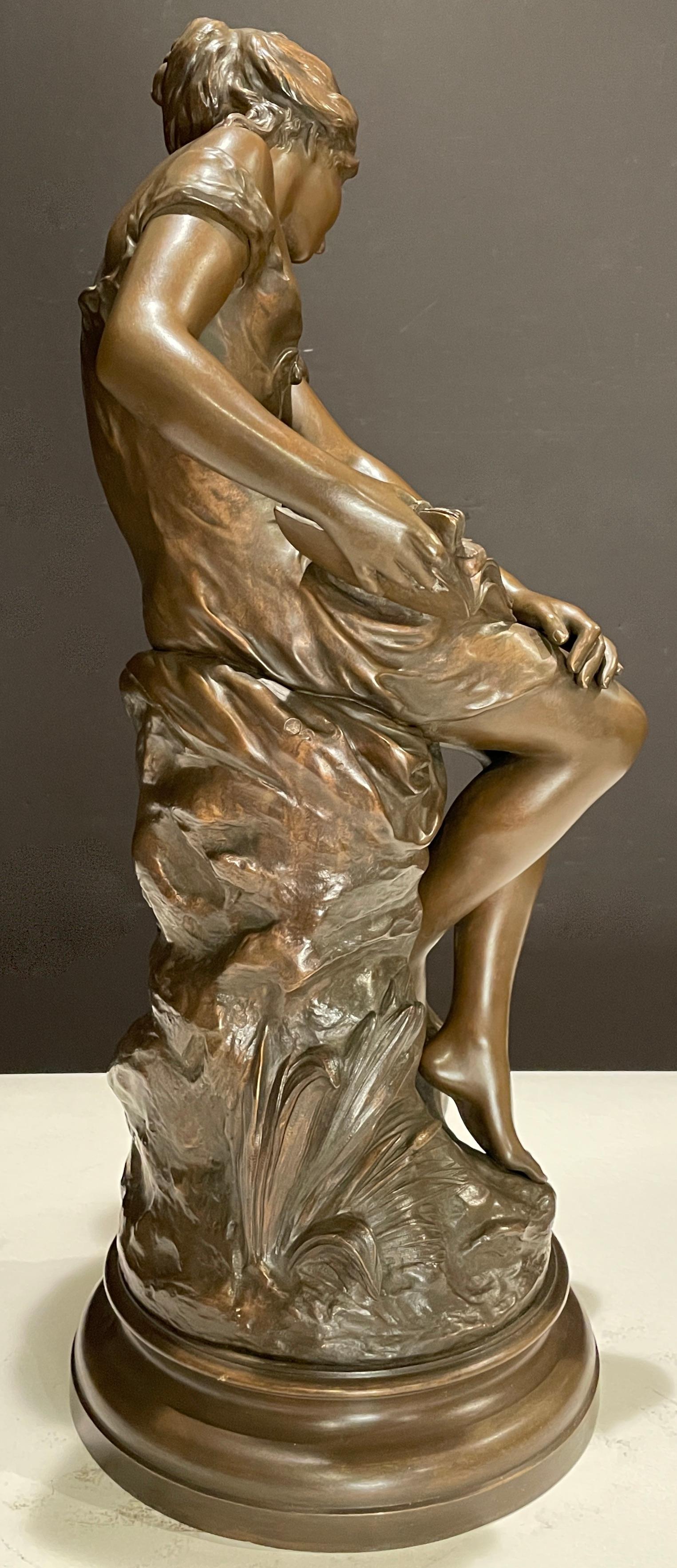 French Bronze Young Girl with Book and Rose 