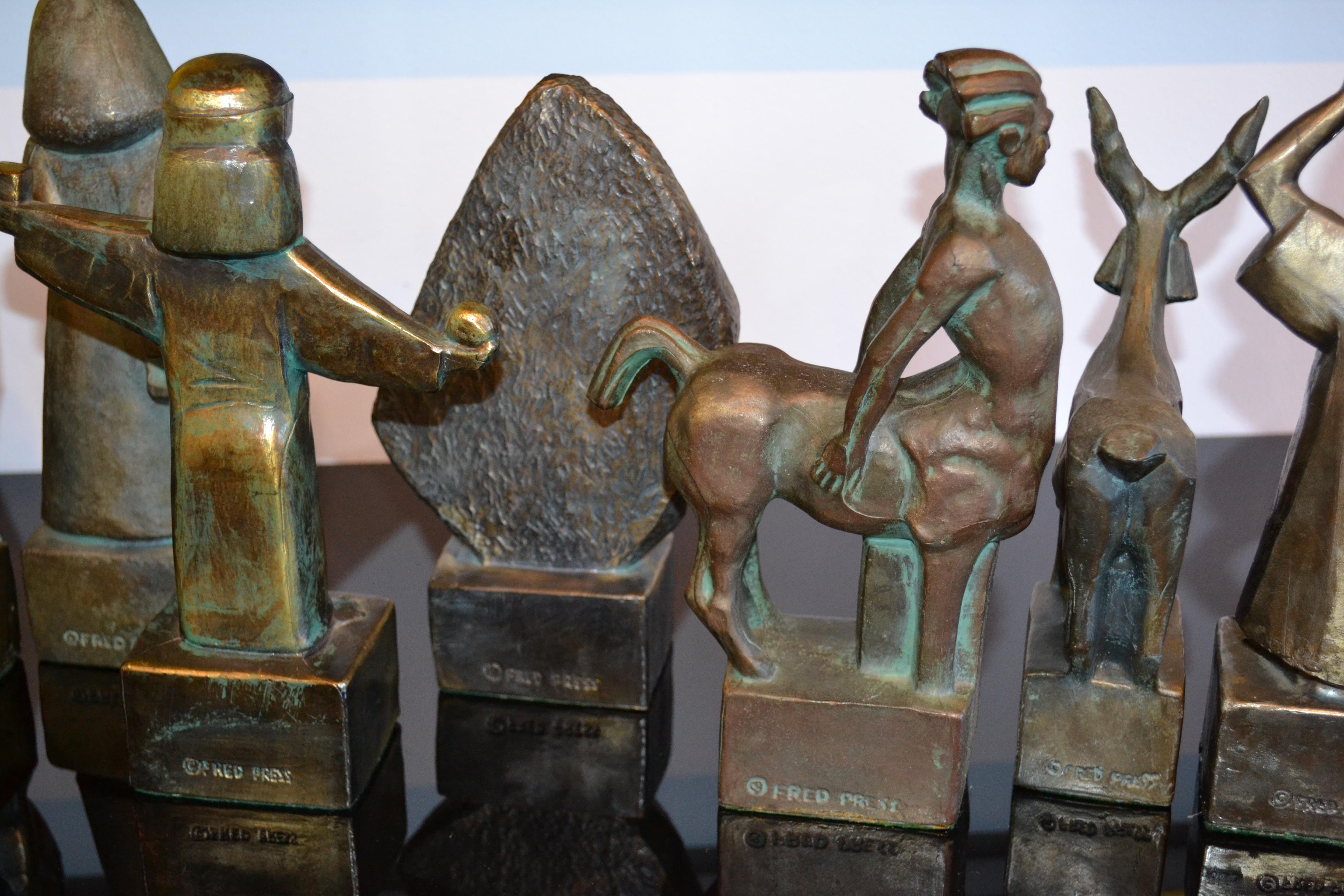 Mid-20th Century Fred Press Astrological Zodiac Brutalist Bronze Sculptures Mid Century For Sale