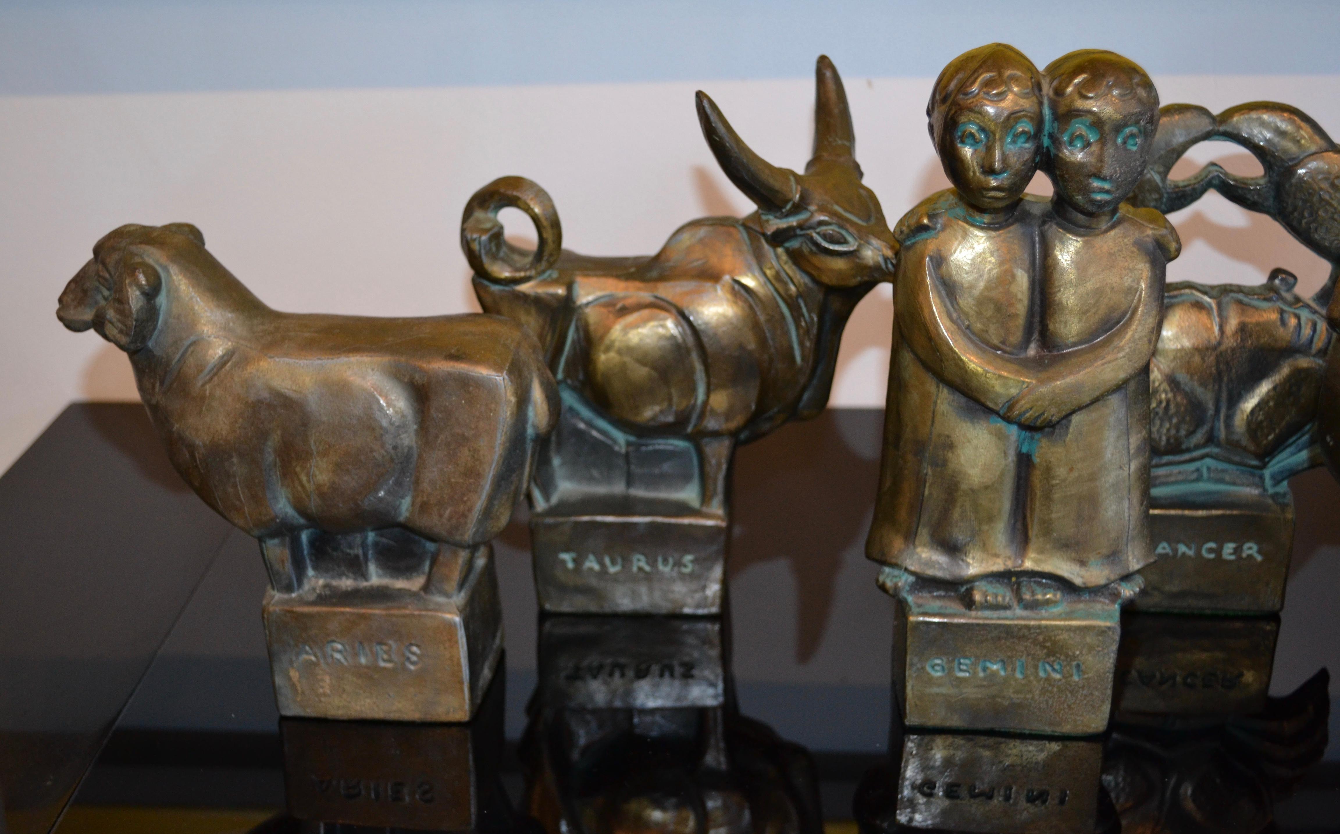 Américain Fred Press Astrological Zodiac Brutalist Bronze Sculptures Mid Century en vente