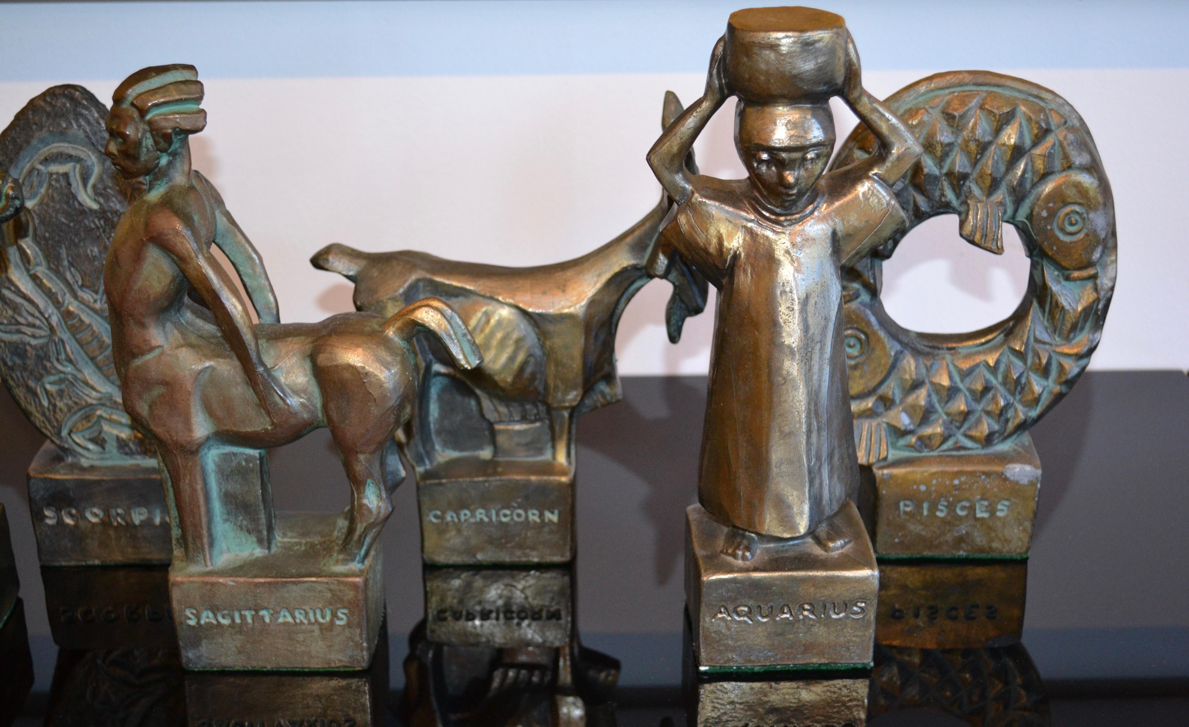 Mid-Century Modern Fred Press Astrological Zodiac Brutalist Bronze Sculptures Mid Century