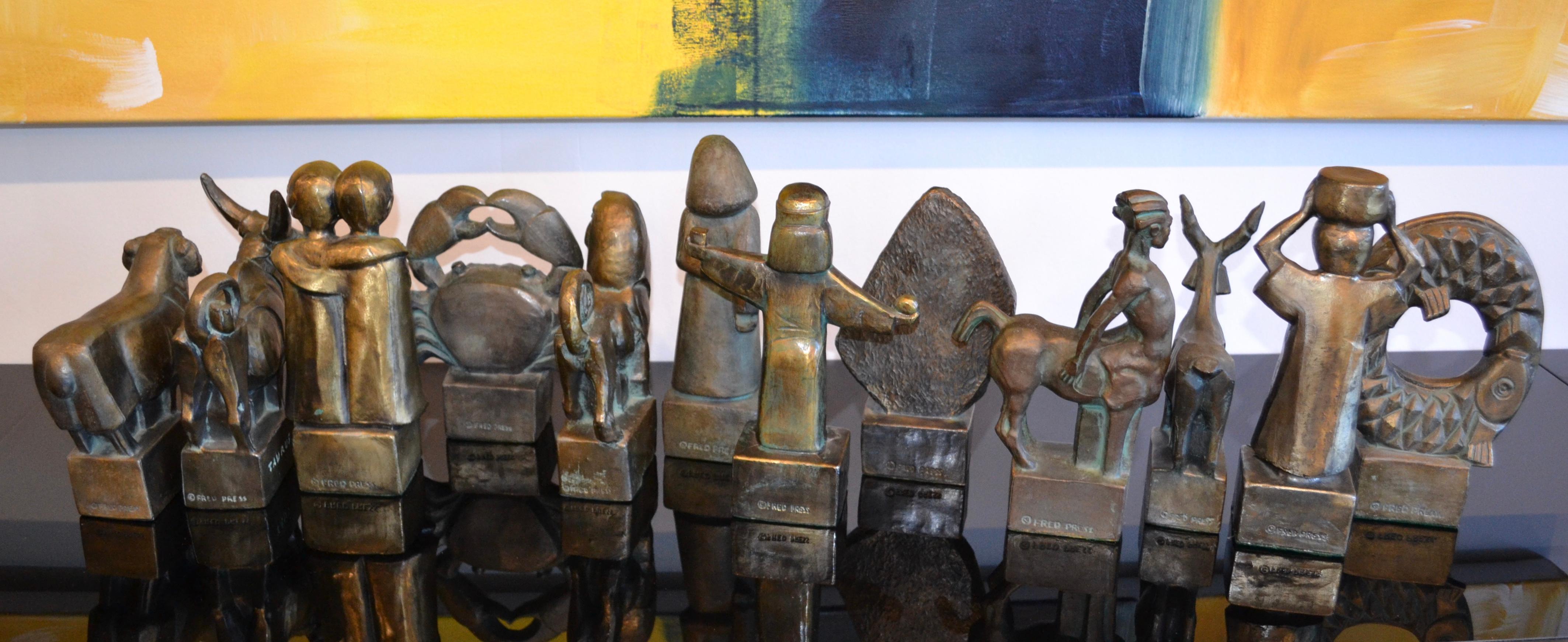 American Fred Press Astrological Zodiac Brutalist Bronze Sculptures Mid Century