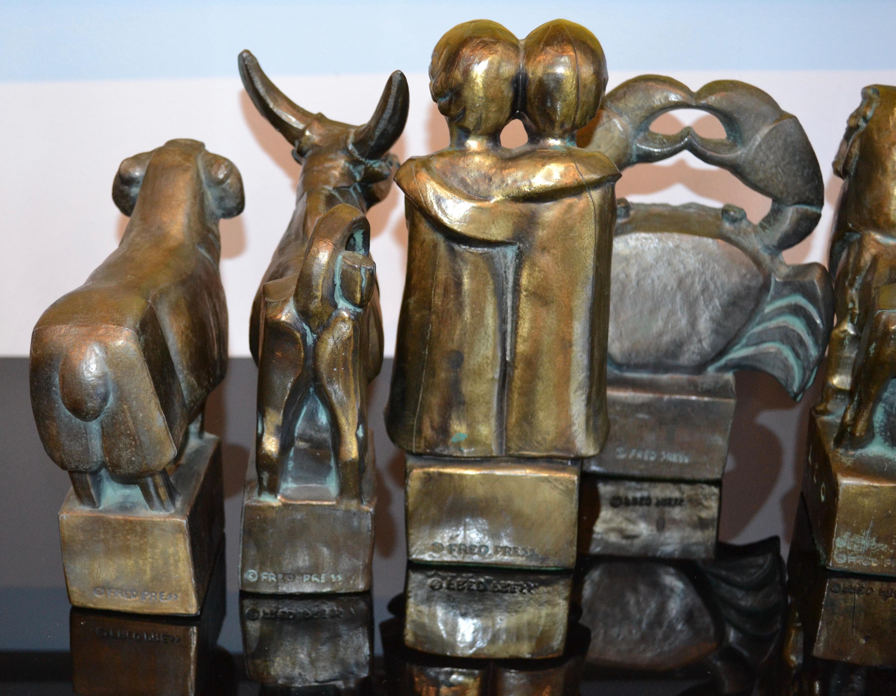 Cast Fred Press Astrological Zodiac Brutalist Bronze Sculptures Mid Century For Sale