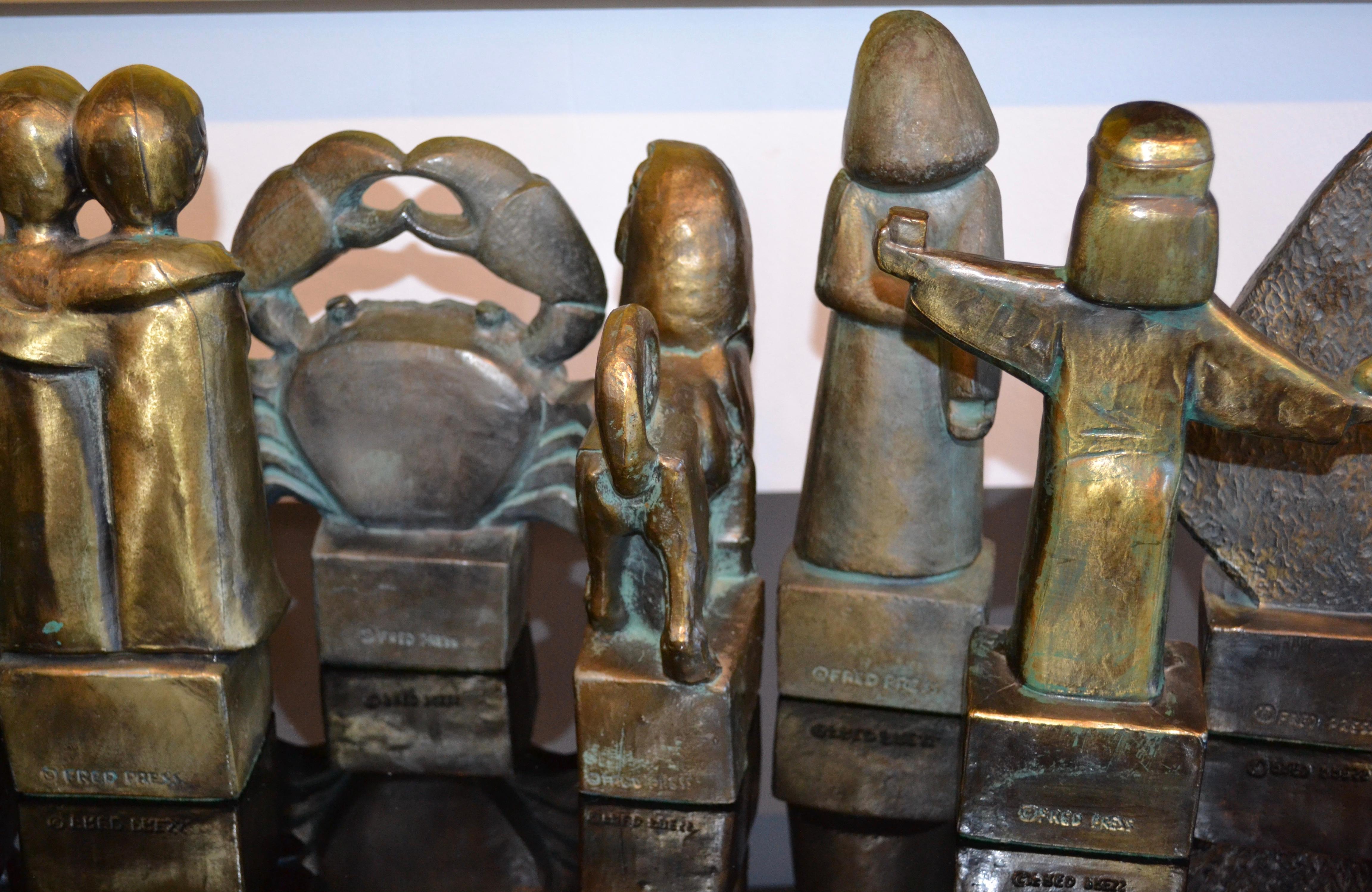 Fred Press Astrological Zodiac Brutalist Bronze Sculptures Mid Century In Good Condition For Sale In Bedford Hills, NY