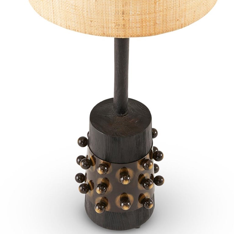 Modern Bronzed Balls Silhouette, Bronzed Steel, Ebonized Oak & Raffia Table Lamp For Sale