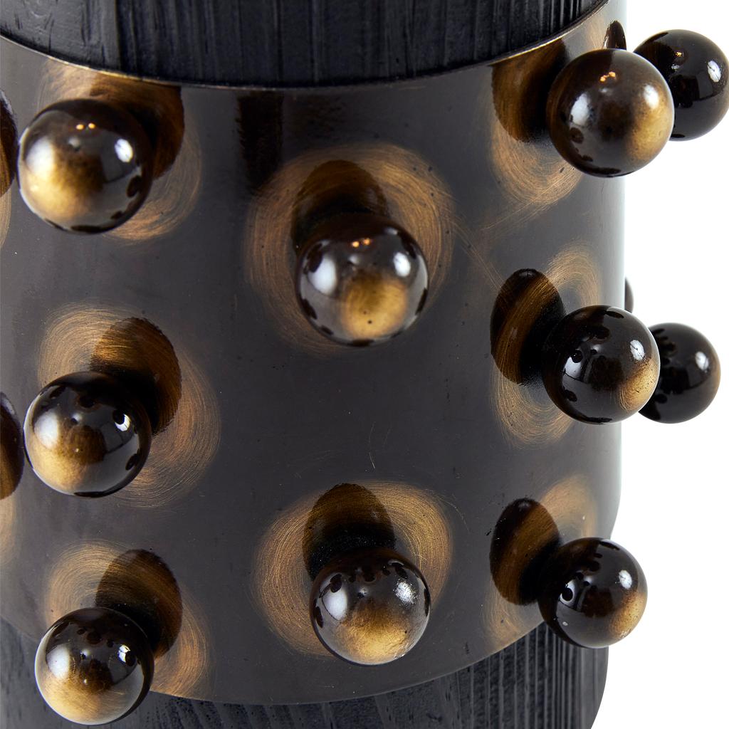 South African Bronzed Balls Silhouette, Bronzed Steel, Ebonized Oak & Raffia Table Lamp For Sale