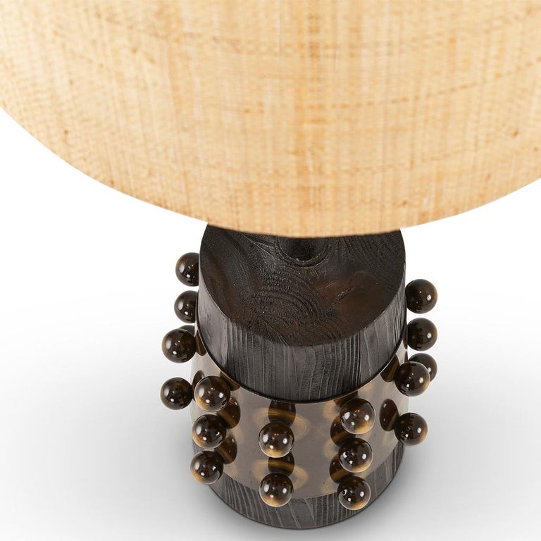 Contemporary Bronzed Balls Silhouette, Bronzed Steel, Ebonized Oak & Raffia Table Lamp For Sale