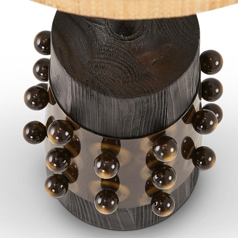 Bronzed Balls Silhouette, Bronzed Steel, Ebonized Oak & Raffia Table Lamp For Sale 1
