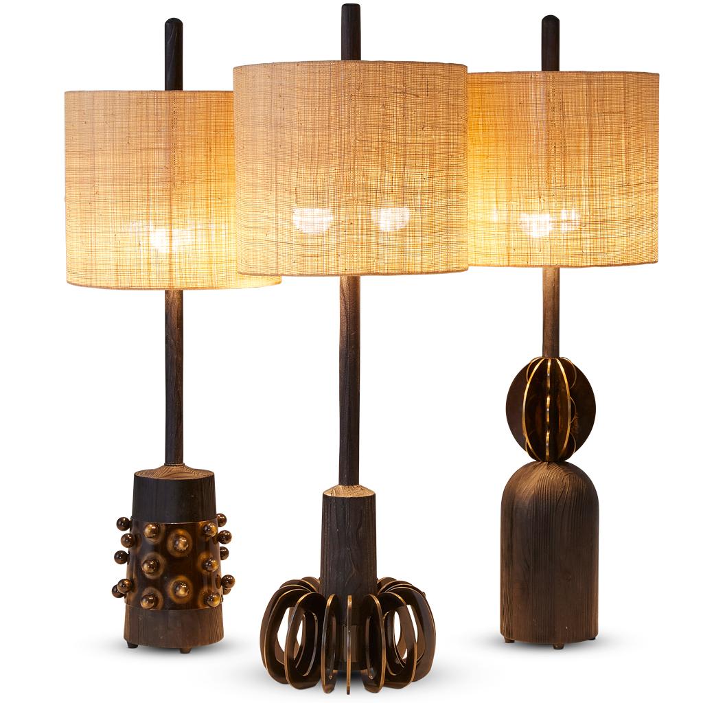 Bronzed Balls Silhouette, Bronzed Steel, Ebonized Oak & Raffia Table Lamp For Sale 3