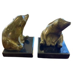 Bronzed Bears Bookends on Marble Bases, Signed Fayral, 1930s