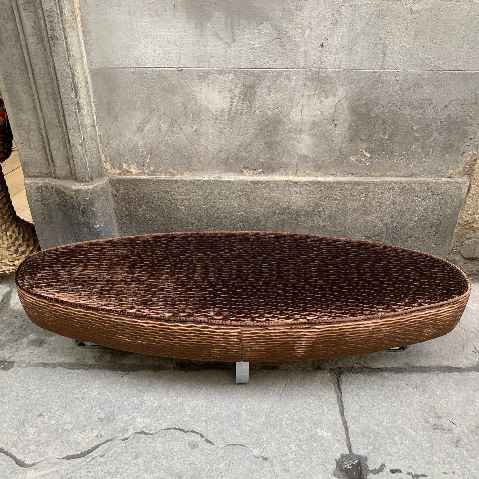 Bronzed brown velvet oval bench with chromed legs.
The bench is newly upholstered with embossed ripple wave textured velvet fabric.

   
