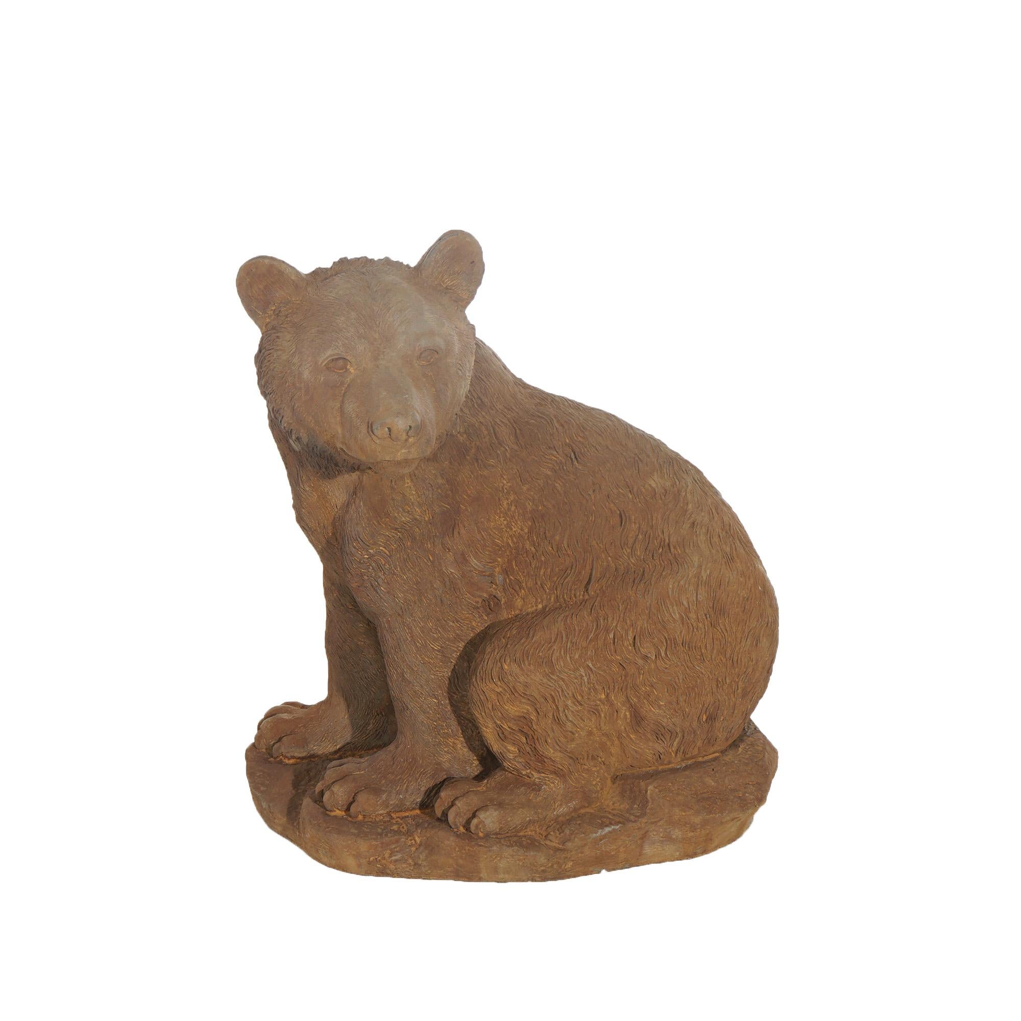 Bronzed Cast Hardstone Seated Black Bear Cub Garden Statue 20thC In Good Condition In Big Flats, NY