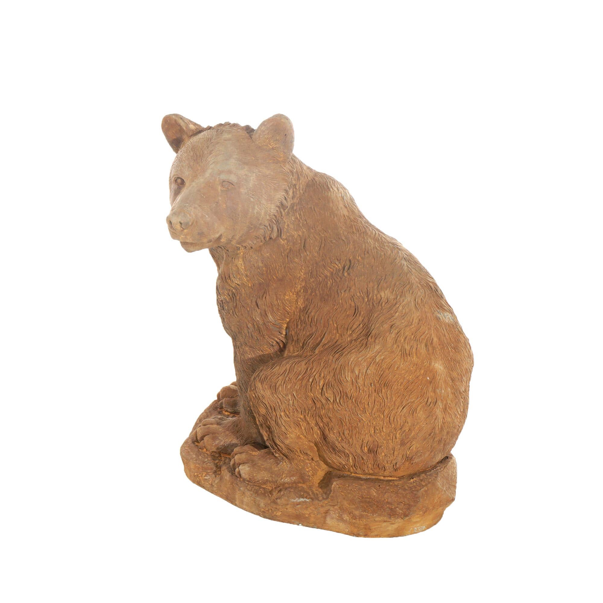 20th Century Bronzed Cast Hardstone Seated Black Bear Cub Garden Statue 20thC