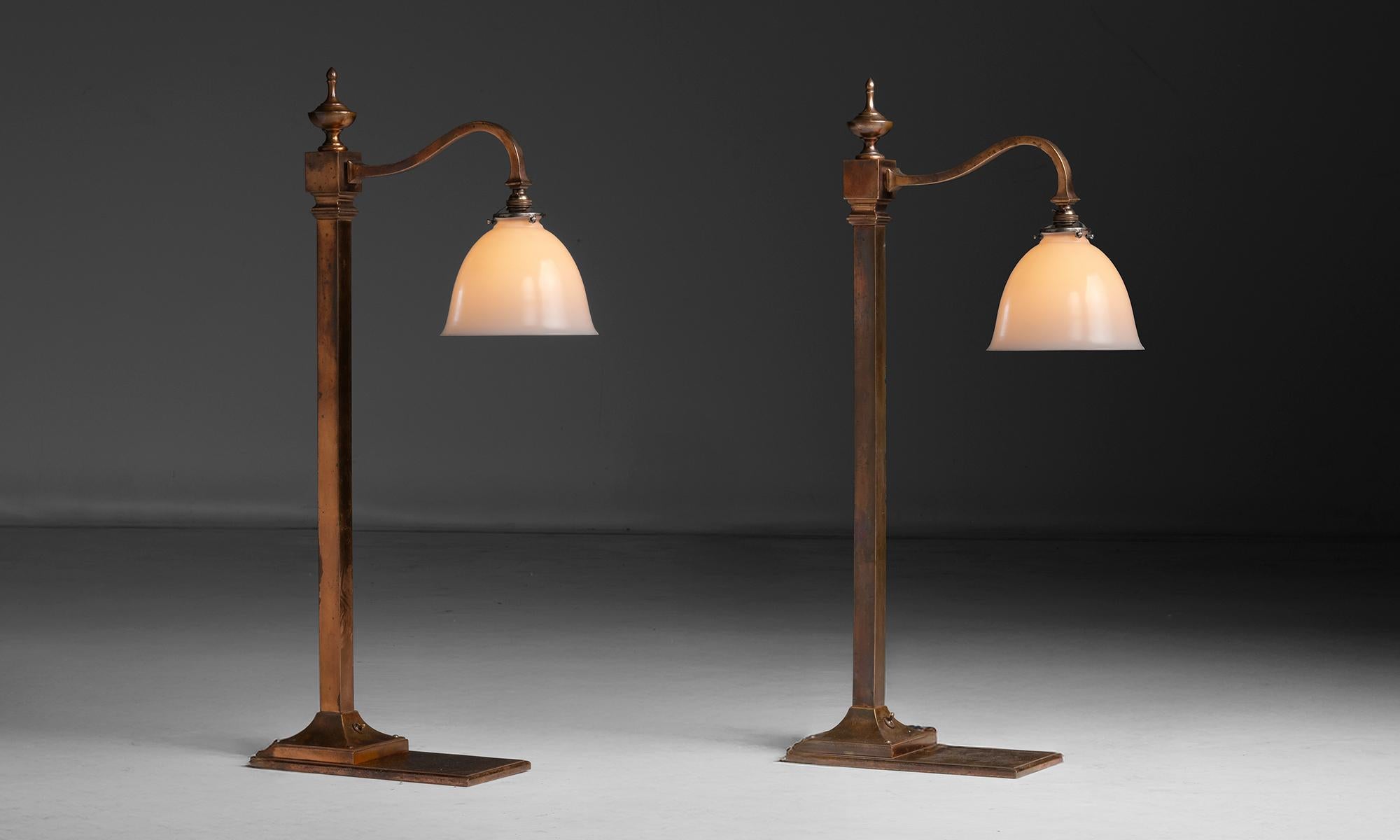 England, 1930
Bronzed brass swan neck counter lamps with matte opaline glass shades.
6”w x 12.5”d x 34.5”h
Ref. L5226
$ 3,600 ea ( 2 avail )