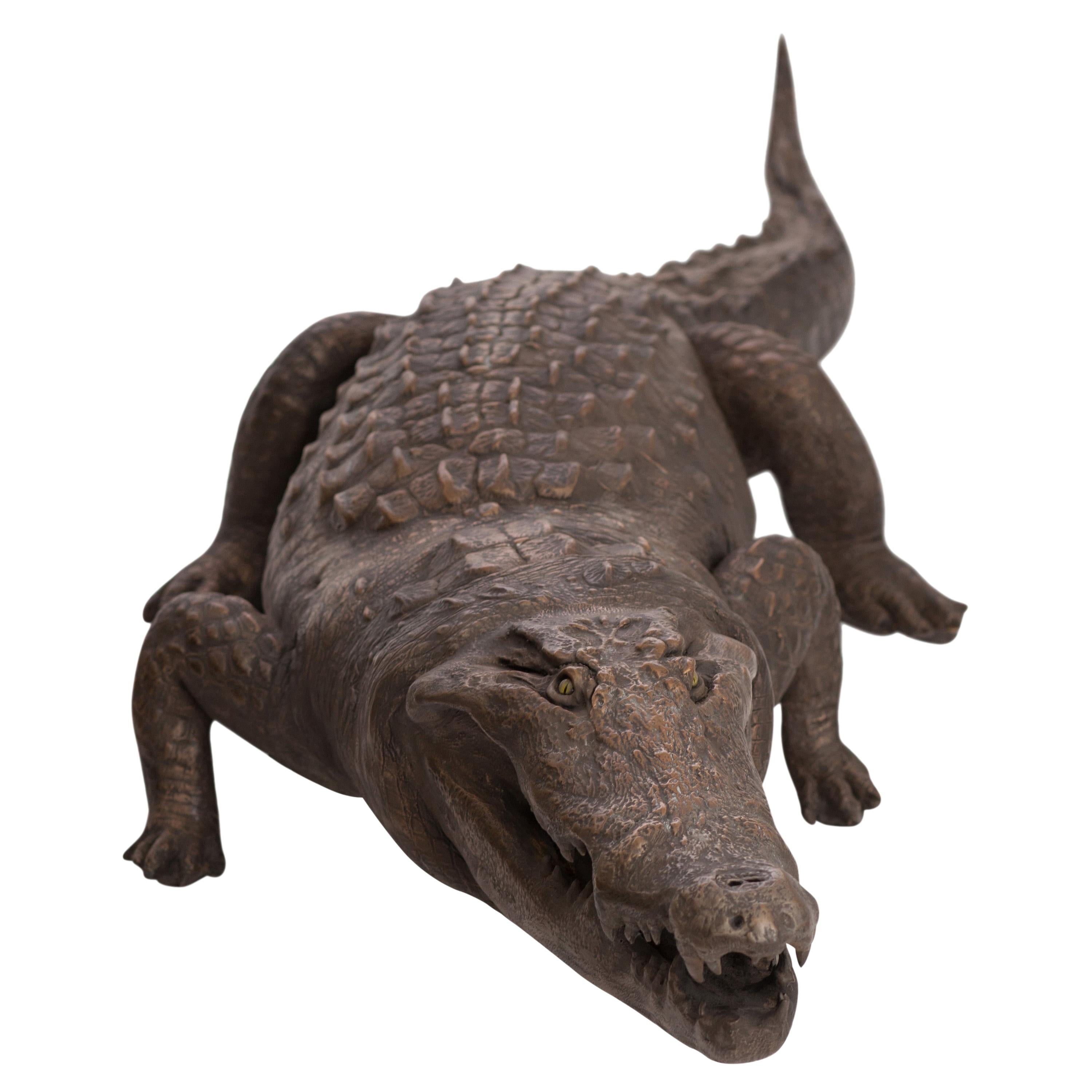 Bronzed Fiberglass Life-Size Crocodile Sculpture