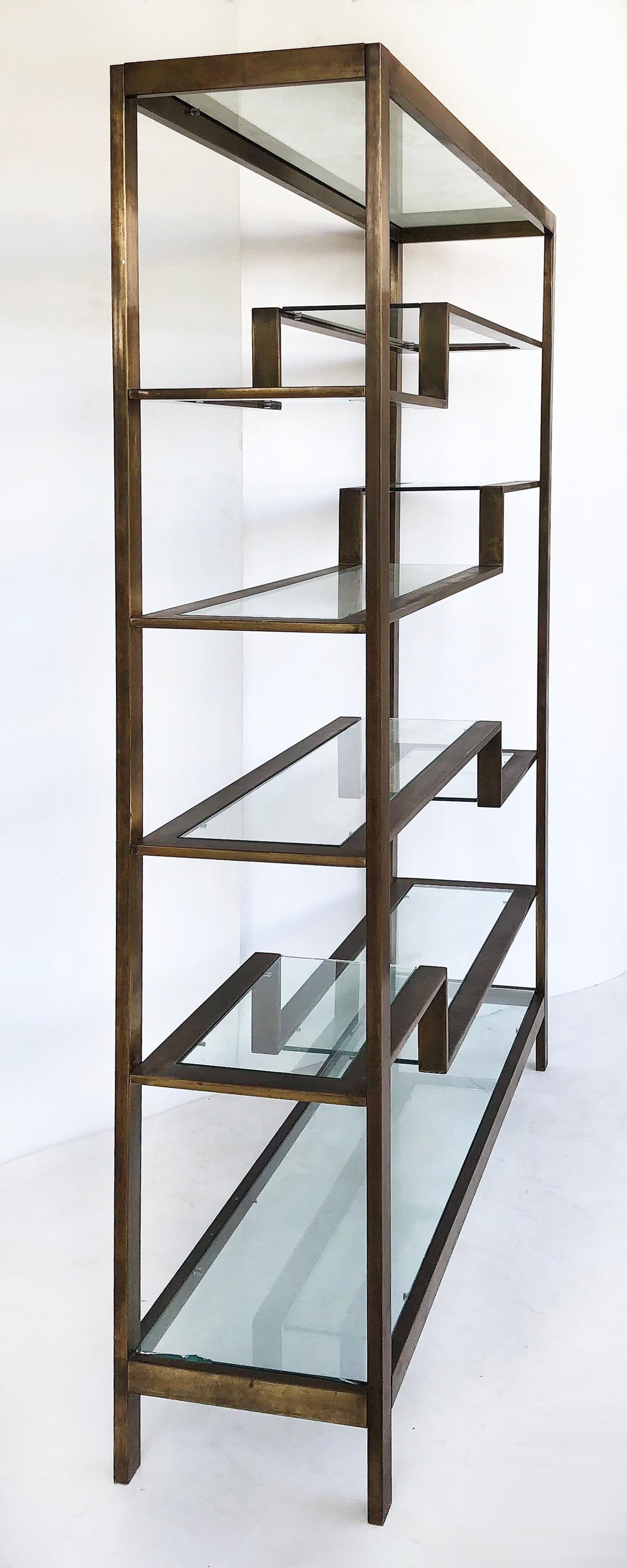 American Bronzed Finish Mid-Century Modern Etagere Metal Shelving with Glass Shelves