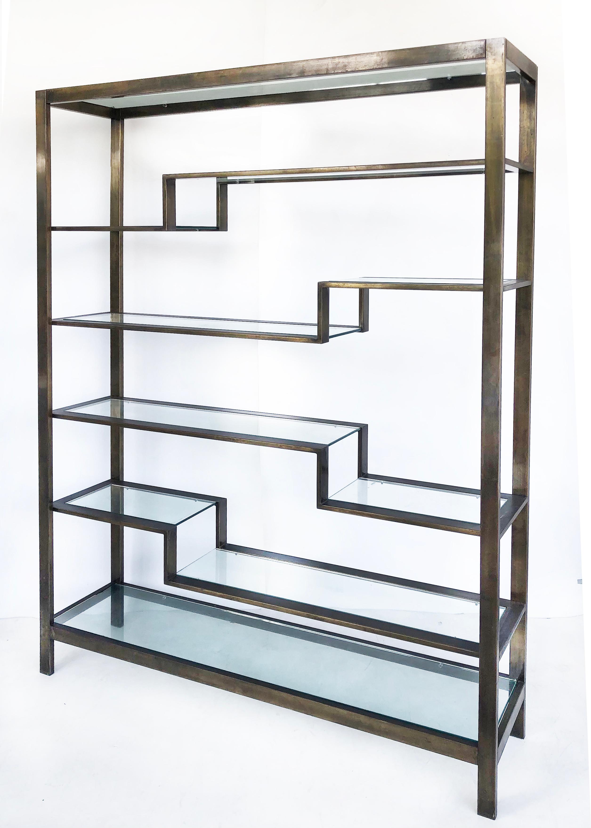 Bronzed Finish Mid-Century Modern Etagere Metal Shelving with Glass Shelves In Good Condition In Miami, FL