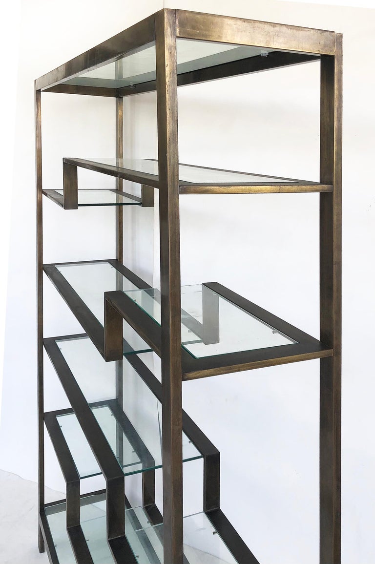 Bronzed Finish MidCentury Modern Etagere Metal Shelving with Glass