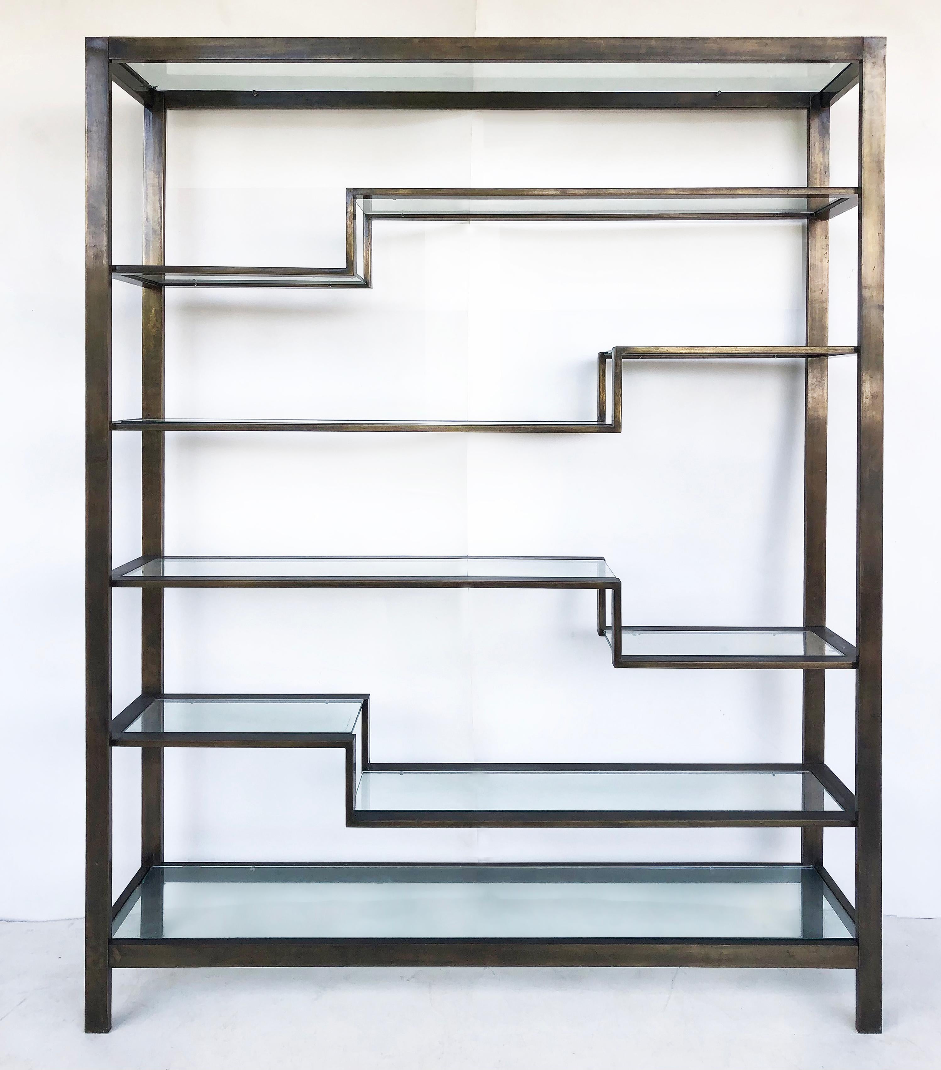Bronzed Finish Mid-Century Modern Etagere Metal Shelving with Glass Shelves 1