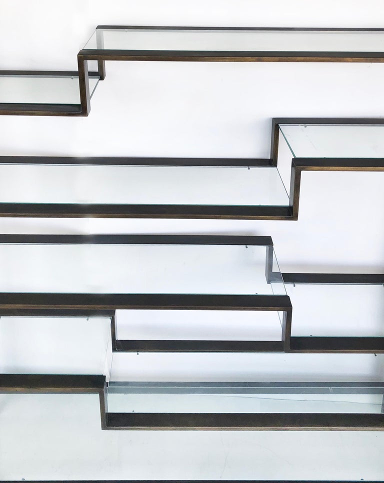 Bronzed Finish MidCentury Modern Etagere Metal Shelving with Glass
