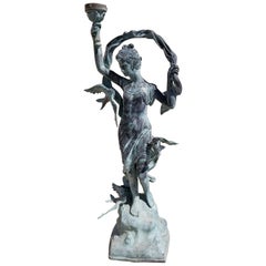 Vintage Bronzed Garden Statue of a Lady with Torch and Birds