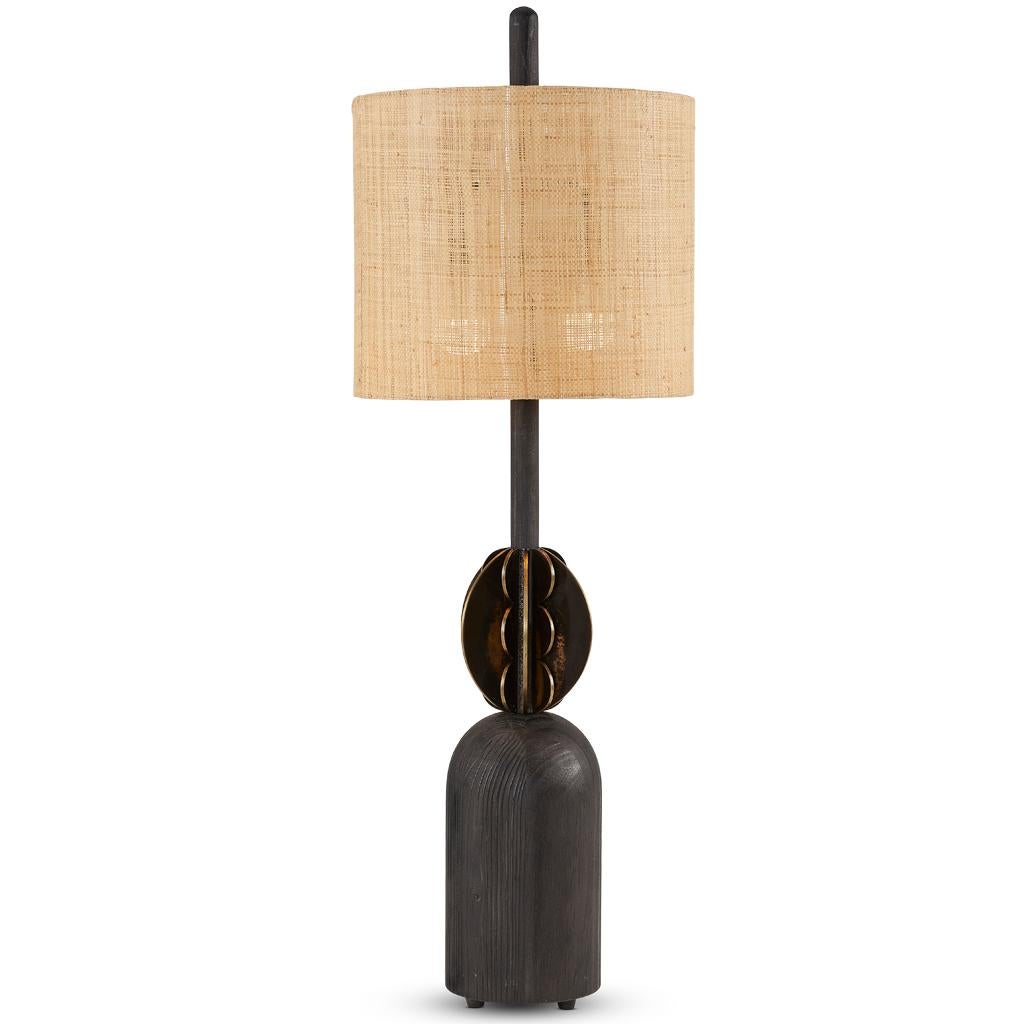 Modern Bronzed Gills Silhouette, Bronzed Steel, Ebonized Oak & Raffia Table Lamp For Sale