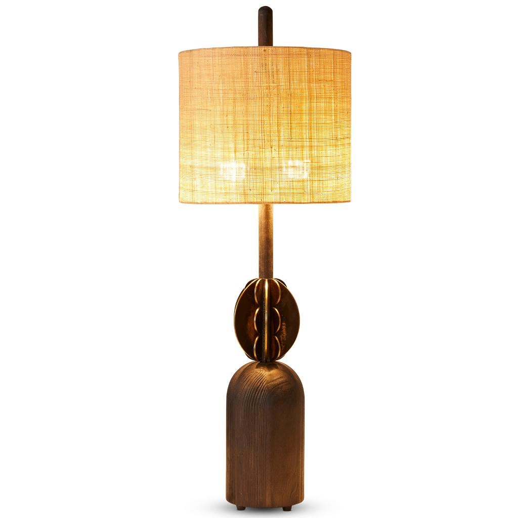 South African Bronzed Gills Silhouette, Bronzed Steel, Ebonized Oak & Raffia Table Lamp For Sale