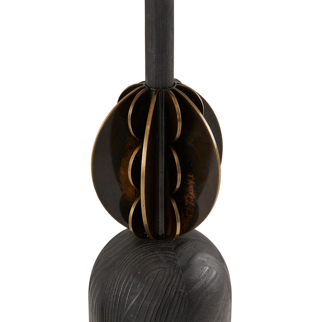 Contemporary Bronzed Gills Silhouette, Bronzed Steel, Ebonized Oak & Raffia Table Lamp For Sale