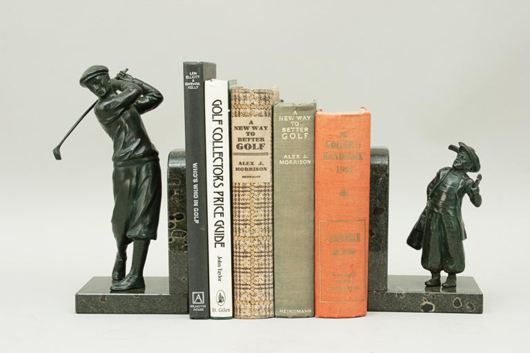 Bronzed Golf Bookends, Golfer and Caddie on Marble Base For Sale at 1stdibs