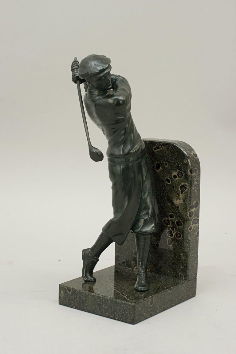 Bronzed Golf Bookends, Golfer and Caddie on Marble Base For Sale at 1stdibs