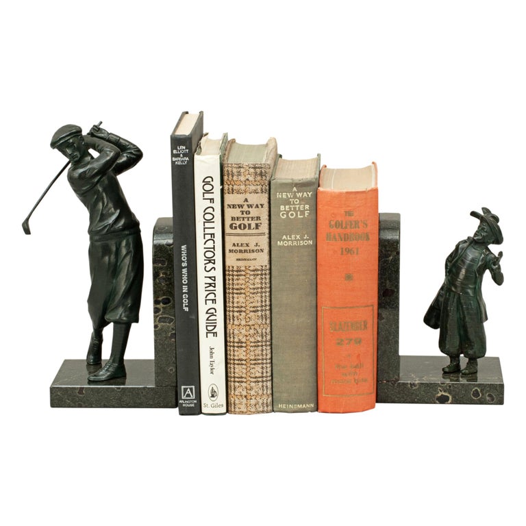 Bronzed Golf Bookends, Golfer and Caddie on Marble Base For Sale at 1stdibs