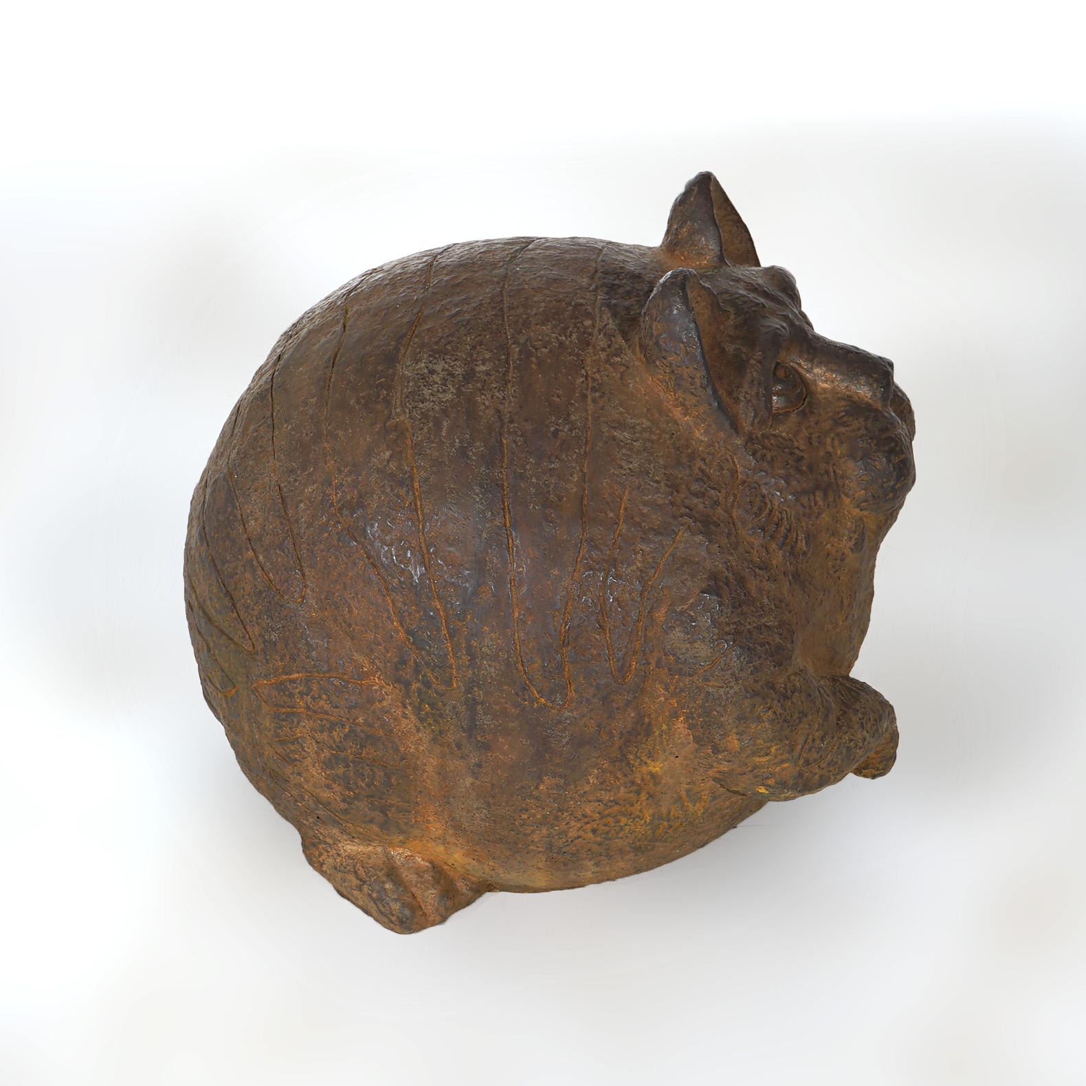 Contemporary Bronzed Hard Stone Fat Cat Garden Statue Reminiscent of the Cheshire Cat
