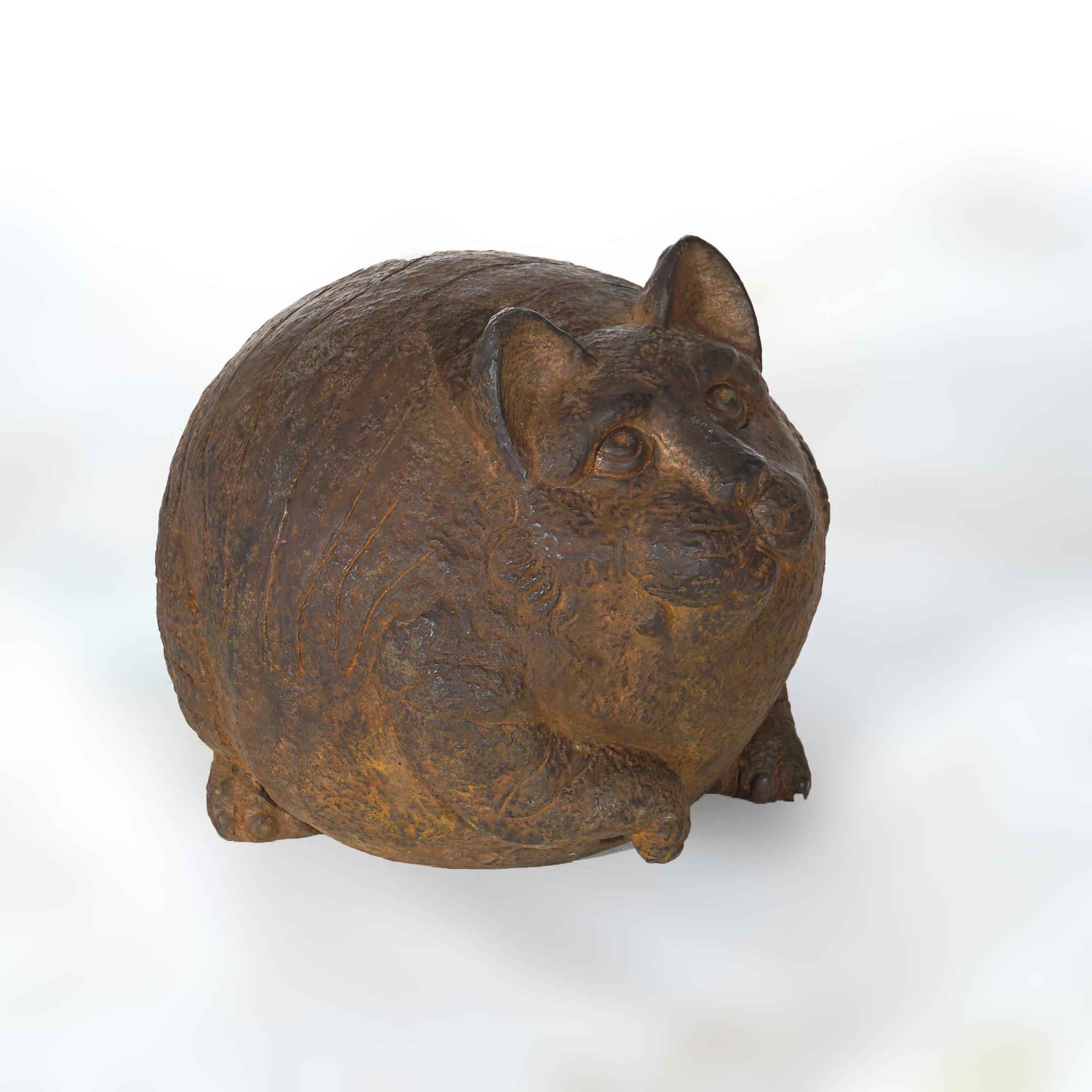 Cast Stone Bronzed Hard Stone Fat Cat Garden Statue Reminiscent of the Cheshire Cat