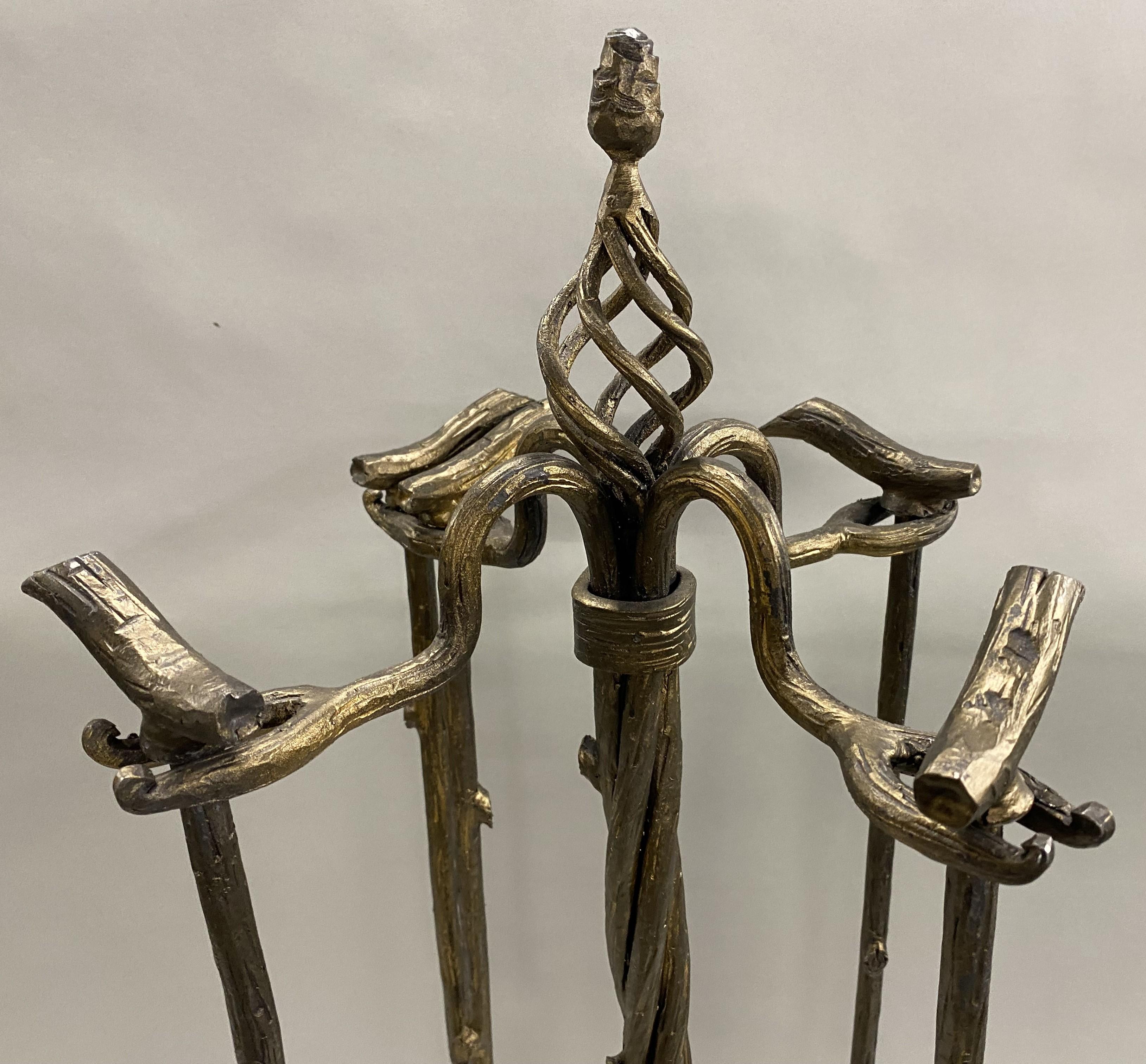 Bronzed Iron Faux Bois Adirondack Fireplace Set w/ Screen, Log Bin & Tool Stand For Sale 10