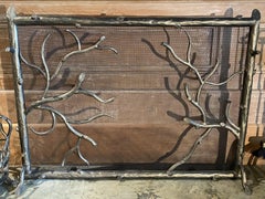 Bronzed Iron Faux Bois Adirondack Fireplace Set w/ Screen, Log Bin & Tool Stand