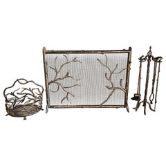 Bronzed Iron Faux Bois Adirondack Fireplace Set w/ Screen, Log Bin & Tool Stand