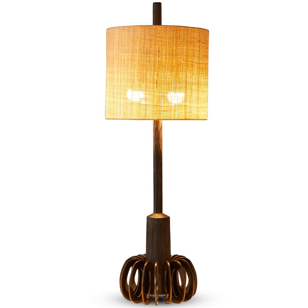 South African Bronzed Loops Silhouette, Bronzed Steel, Ebonized Oak & Raffia Table Lamp For Sale