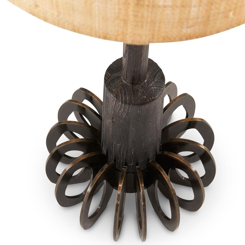 Bronzed Loops Silhouette, Bronzed Steel, Ebonized Oak & Raffia Table Lamp In New Condition For Sale In Bothas Hill, KZN