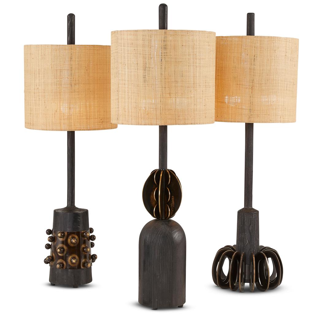Bronzed Loops Silhouette, Bronzed Steel, Ebonized Oak & Raffia Table Lamp For Sale 3