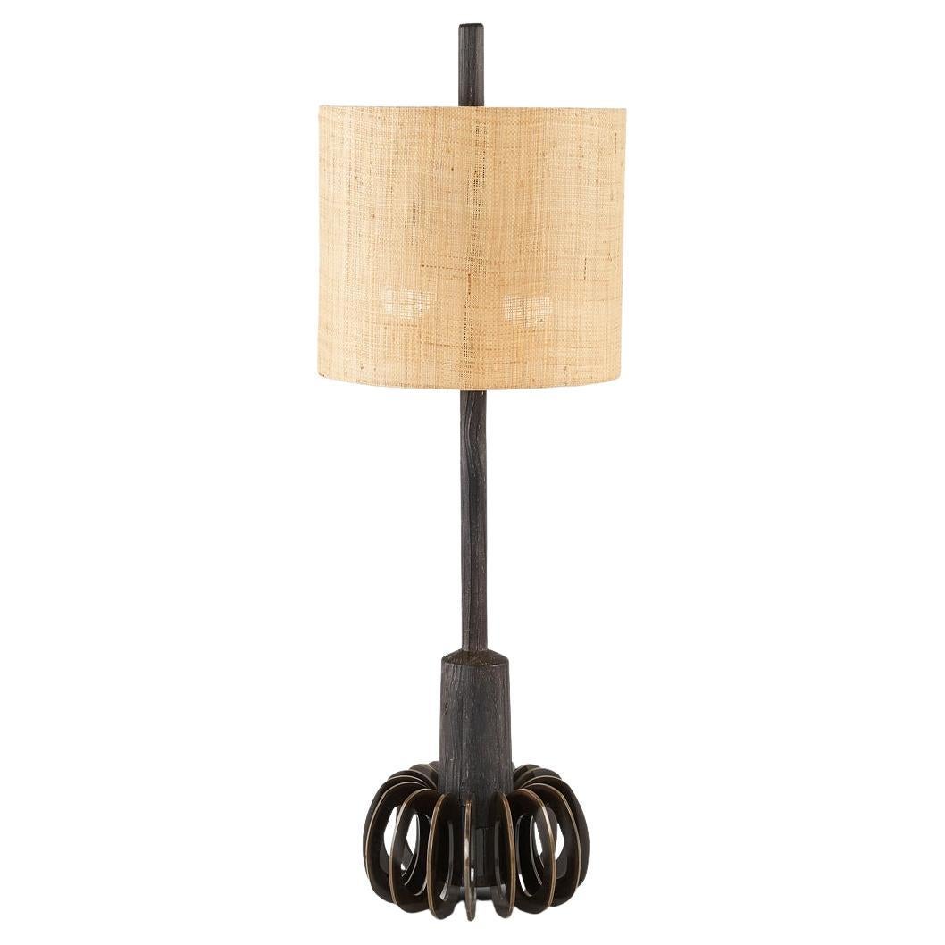 Bronzed Loops Silhouette, Bronzed Steel, Ebonized Oak & Raffia Table Lamp
