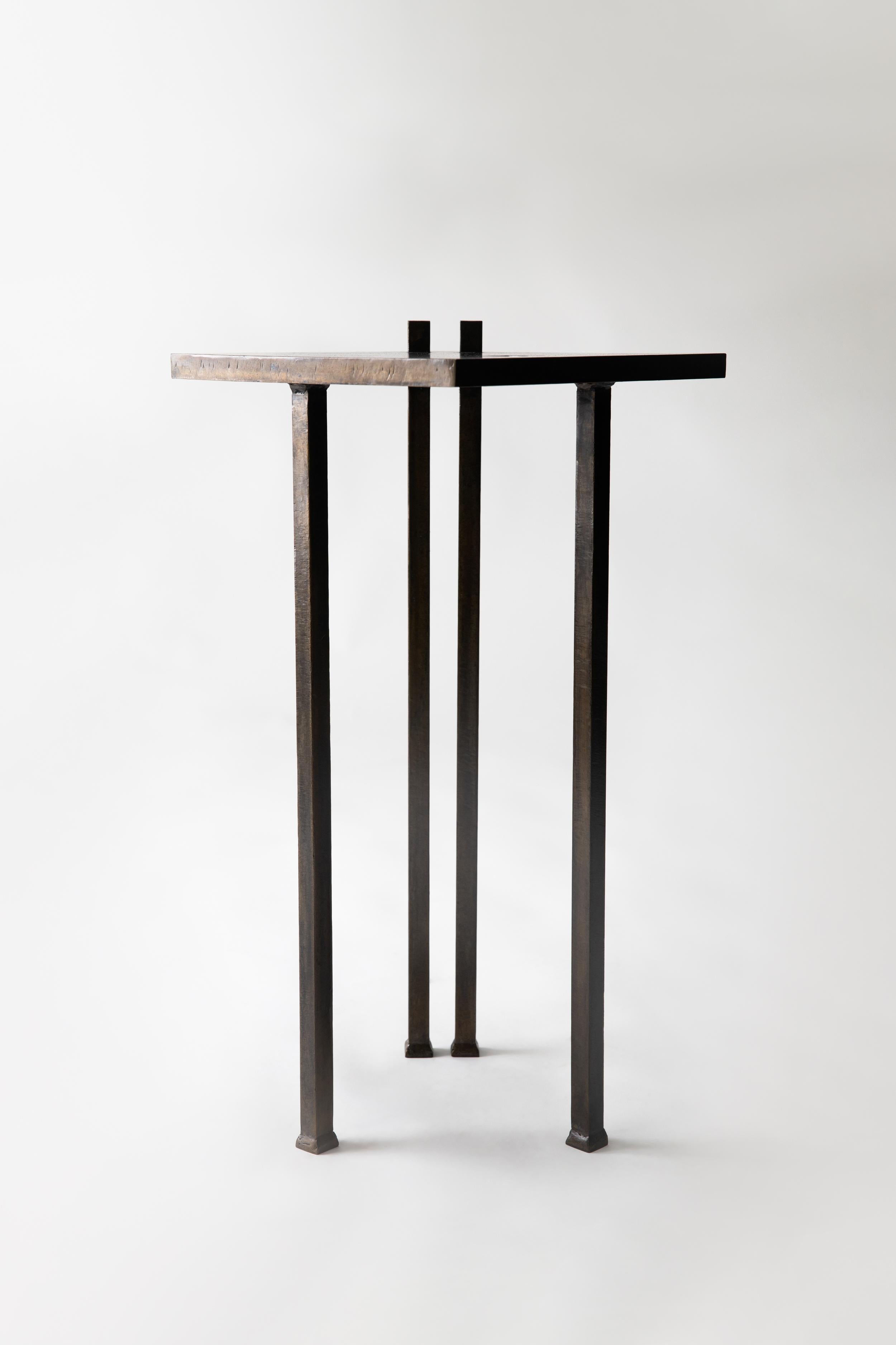Forged Bronzed Modern/Contemporary Steel Side Table Linear Cutout Protrusion Geometric For Sale